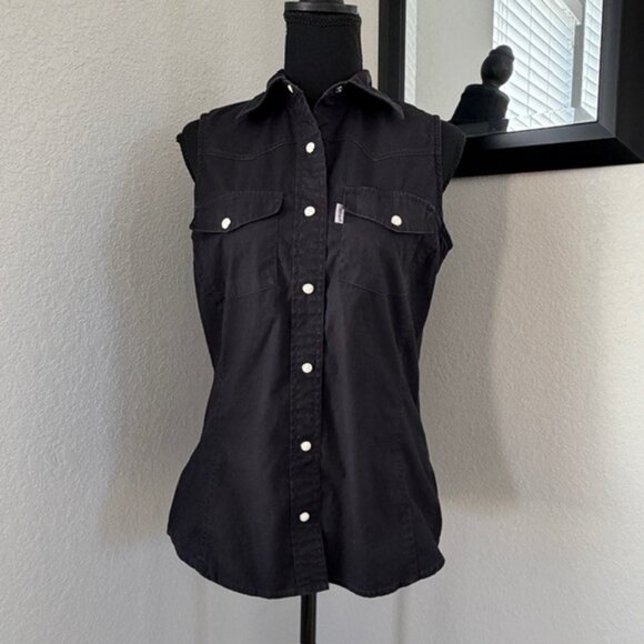 CARHARTT Black Sleeveless Pearl Snap Button Vest Shirt Medium - Picture 2 of 11
